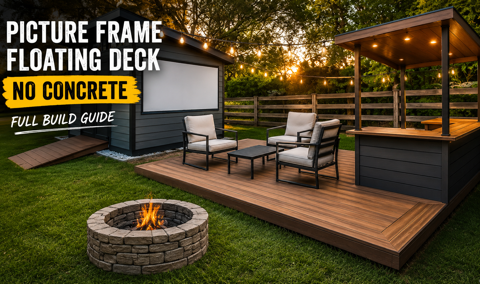 Finished picture frame floating deck with no concrete, showing miter corner border detail and low-profile wood decking in a backyard.