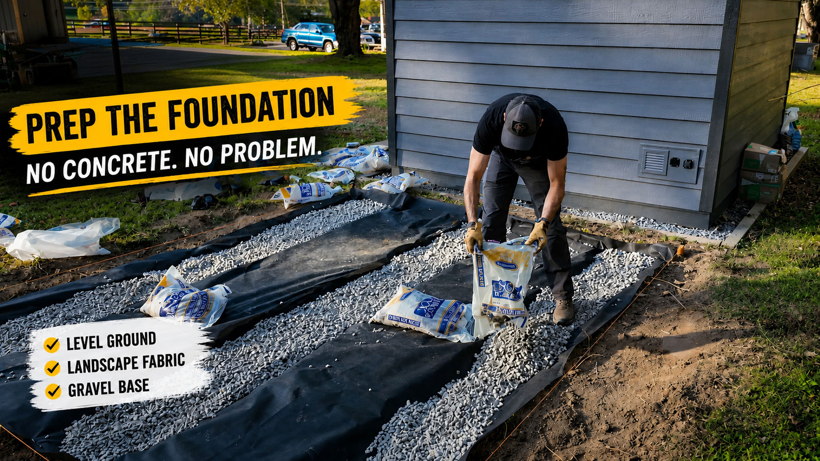laying landscape fabric and gravel base for picture frame floating deck with no concrete