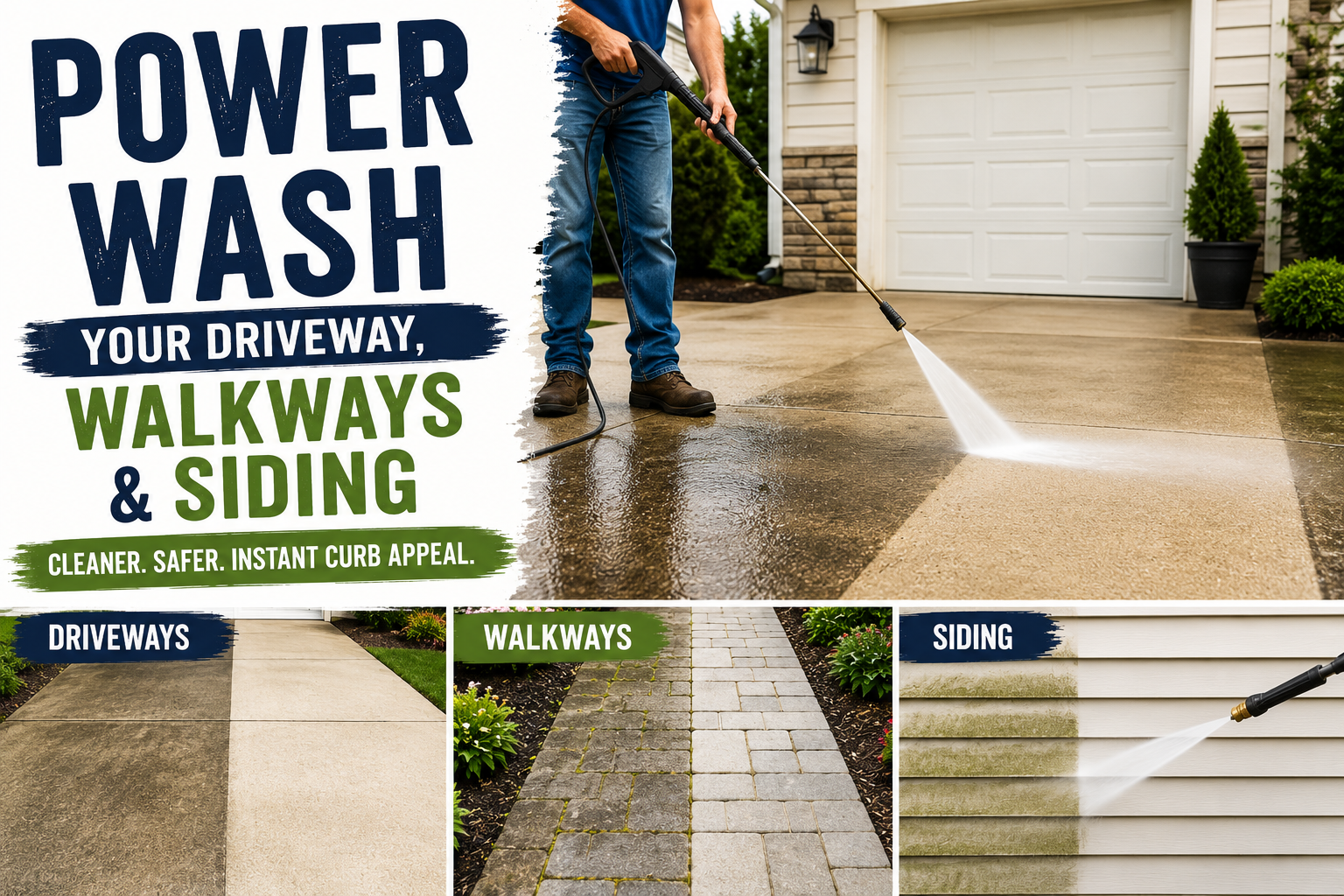 power washing a concrete driveway to remove dirt and stains using a gas pressure washer