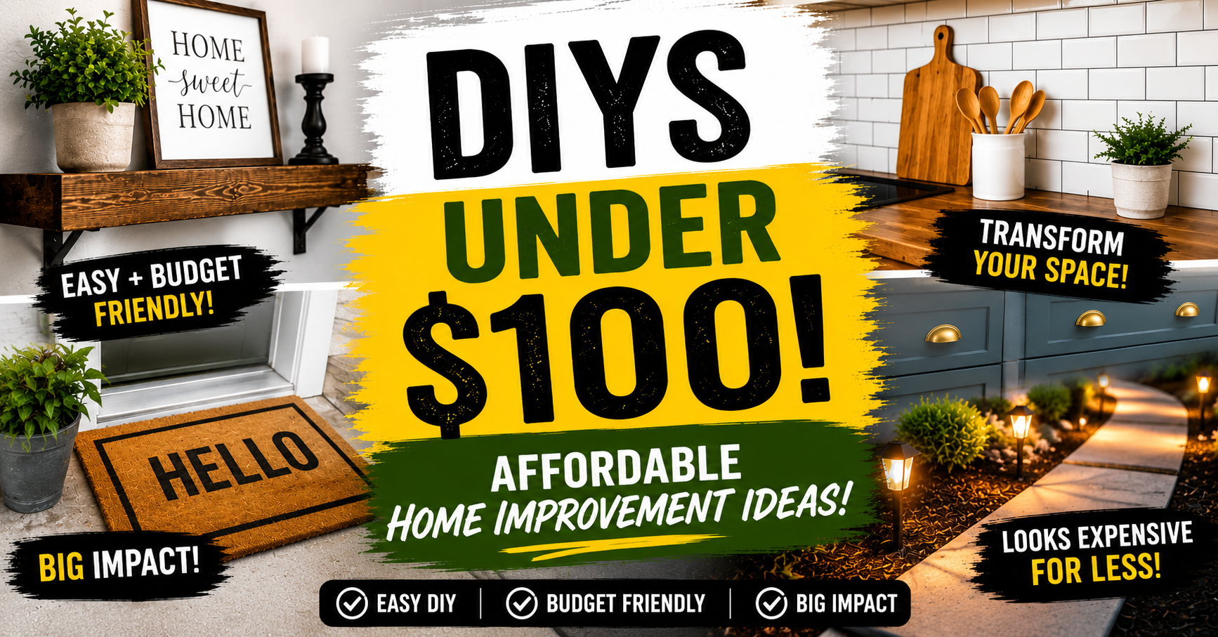 A bright, styled DIY home space showcasing affordable home improvement projects under $100 including open shelving and barn doors.