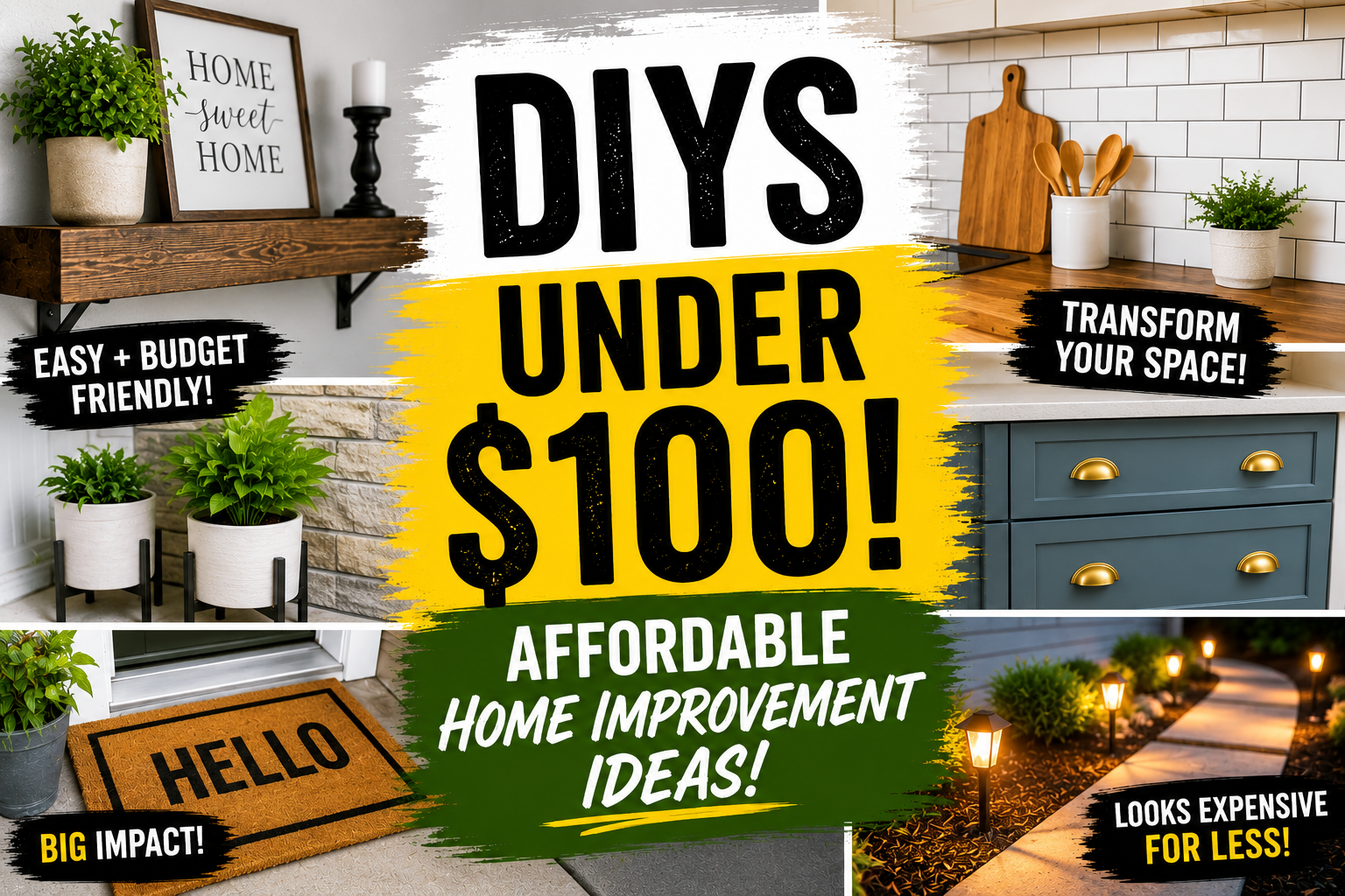 A bright, styled DIY home space showcasing affordable home improvement projects under $100 including open shelving and barn doors.