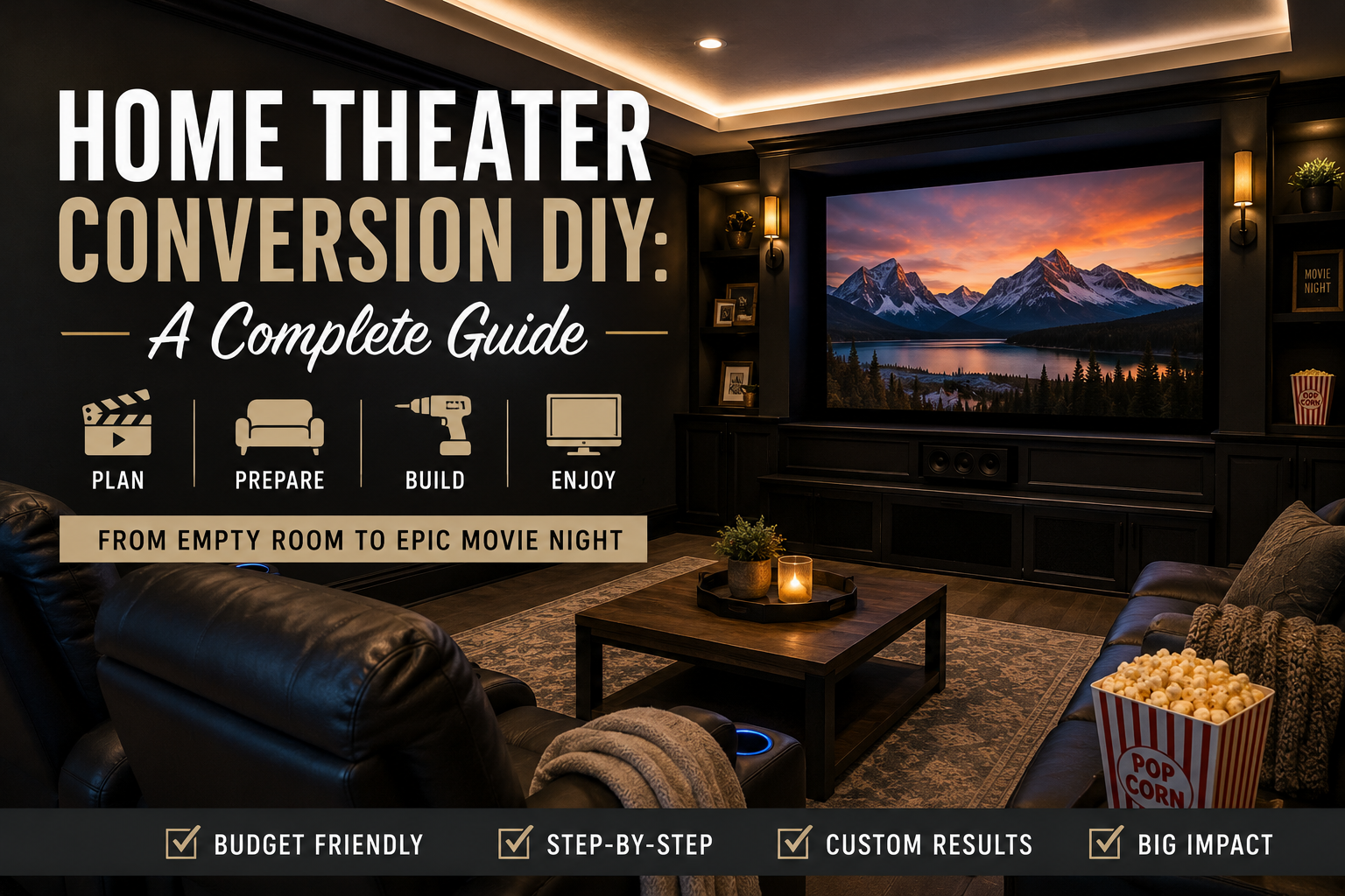 A finished attic home theater conversion DIY featuring tiered riser seating, a large projector screen on a smooth skim-coated wall, and warm recessed lighting along sloped wood-paneled ceilings.
