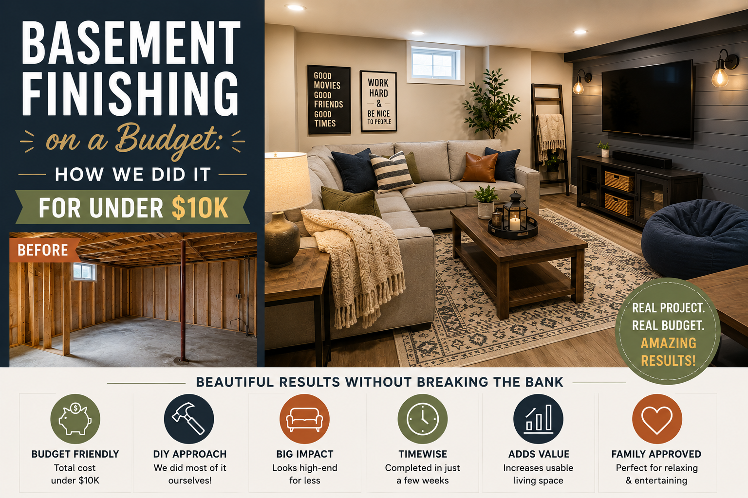 A bright, finished basement living space with luxury vinyl plank flooring and recessed lighting, showing the results of a complete basement finishing on a budget renovation.