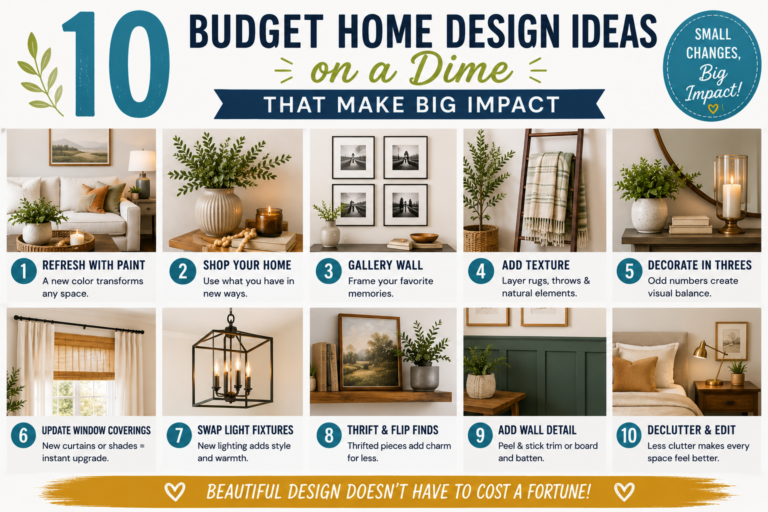 A beautifully styled living room showcasing budget home design ideas on a dime, featuring thrifted furniture, DIY accents, and creative décor arrangements.