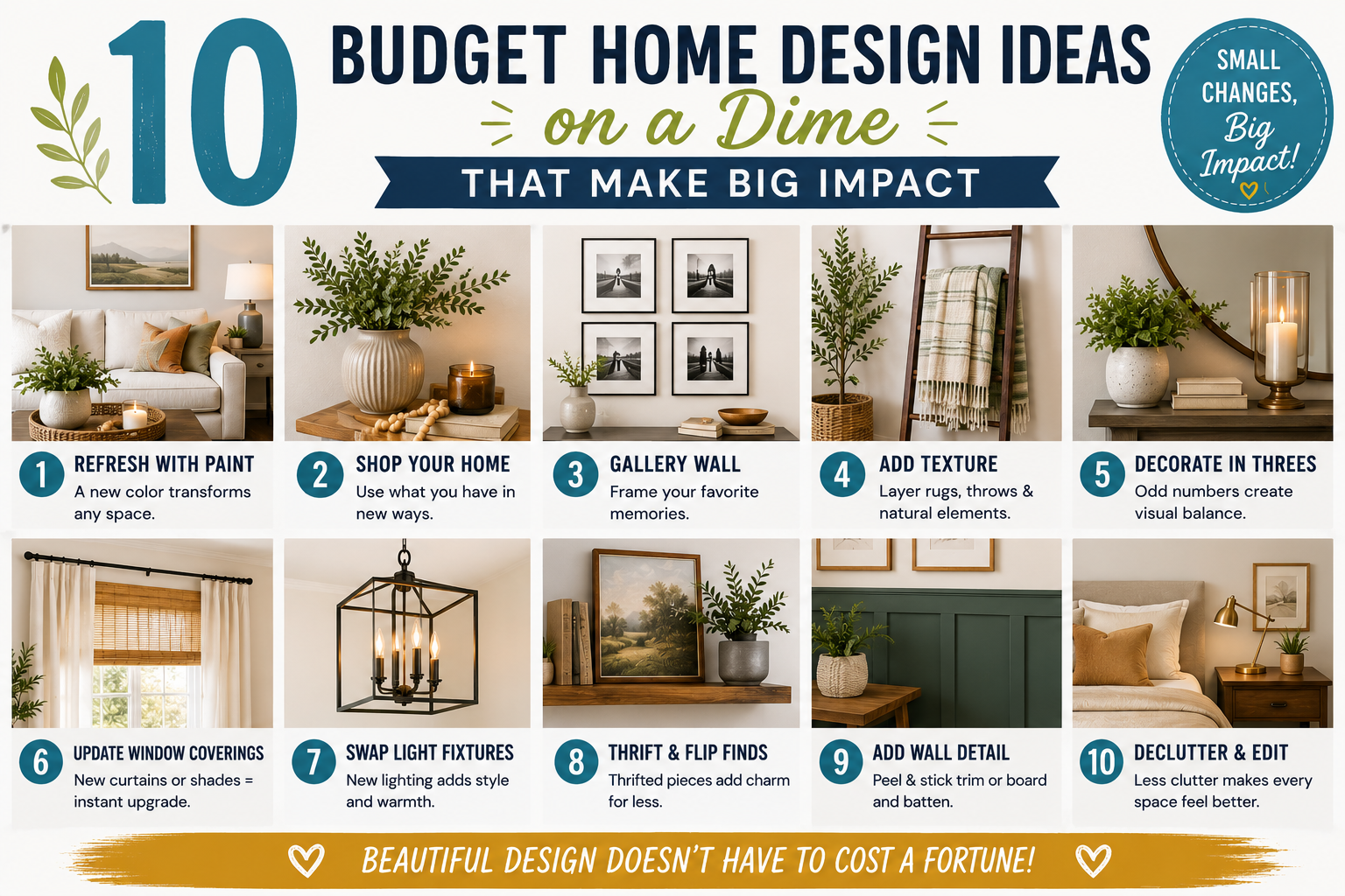 A beautifully styled living room showcasing budget home design ideas on a dime, featuring thrifted furniture, DIY accents, and creative décor arrangements.