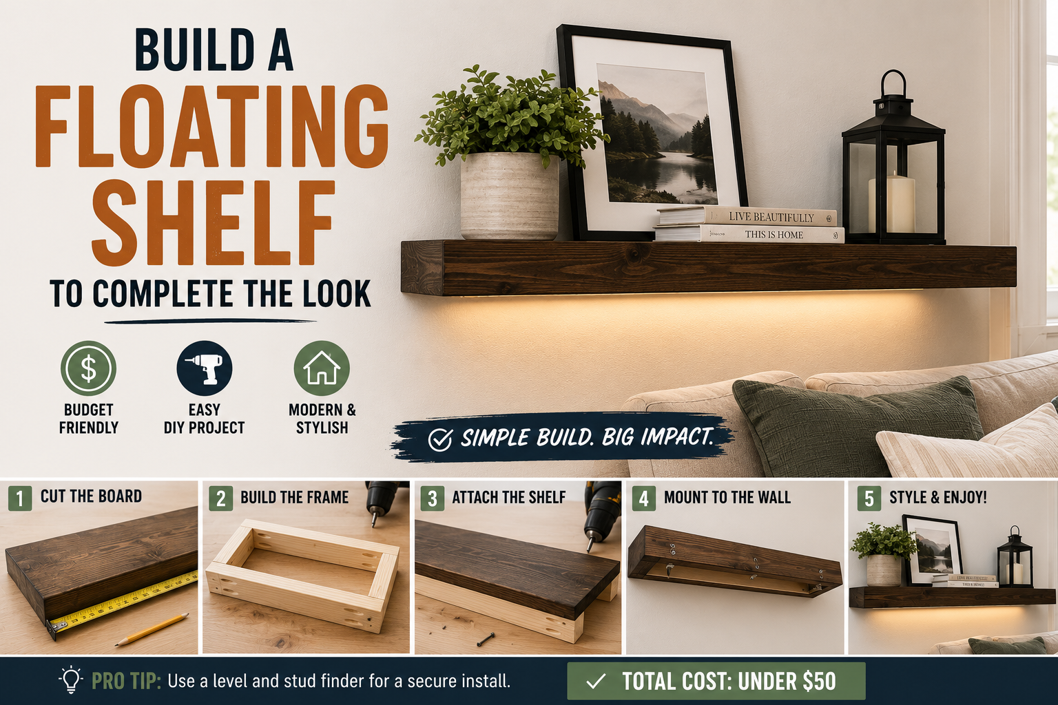 building a DIY floating shelf mounted to wall for storage and display in a modern home interior