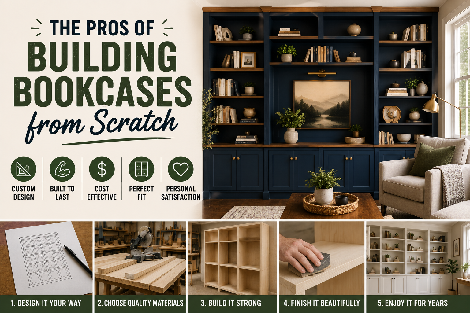 building custom bookcases from scratch using MDF and plywood for DIY built-in shelving in living room