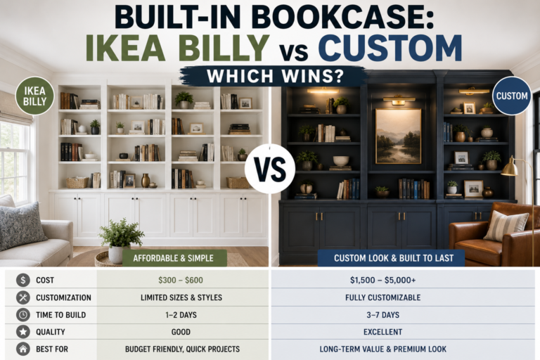 Floor-to-ceiling built-in bookcase with white shelves and crown molding in a classic home interior