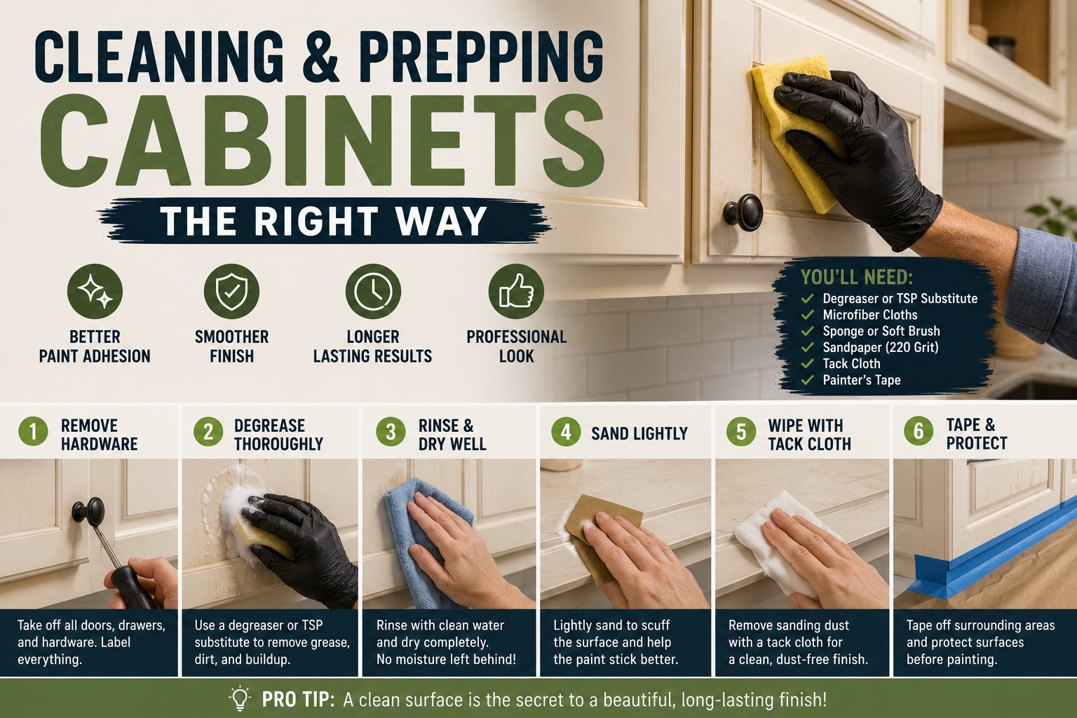 Person cleaning and prepping kitchen cabinets before painting during a DIY home renovation project.