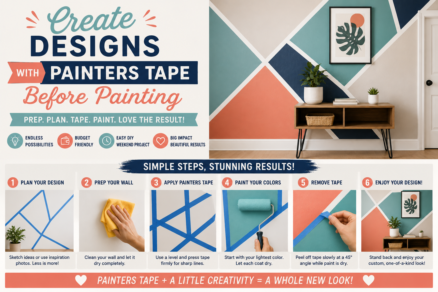 Using painter's tape to create geometric wall designs before painting a colorful DIY accent wall.