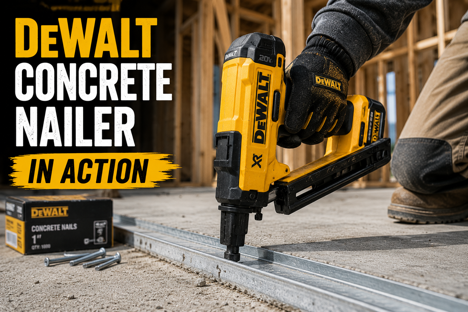 using a DeWalt concrete nailer to fasten baseboards and trim directly to concrete wall during DIY home renovation