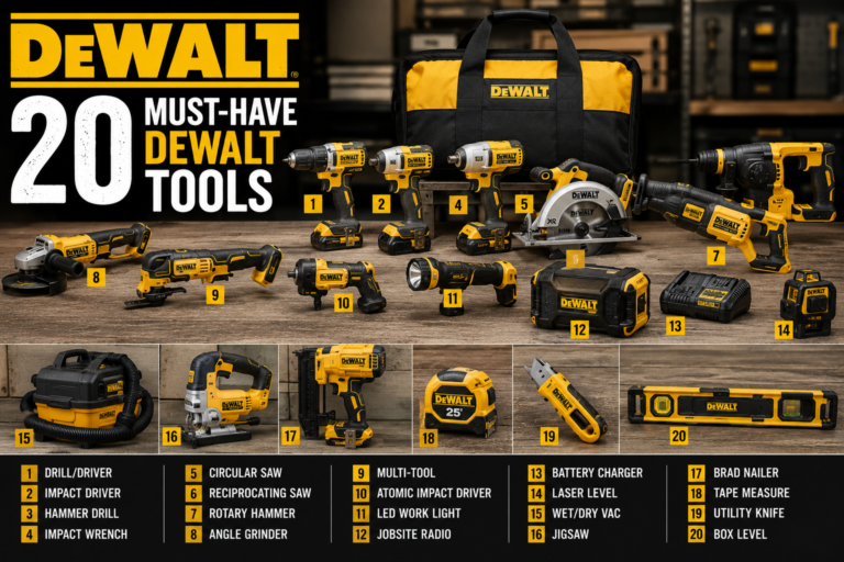 DeWalt plastic pipe cutting tool resting on a workbench alongside other must-have DeWalt tools for DIY projects