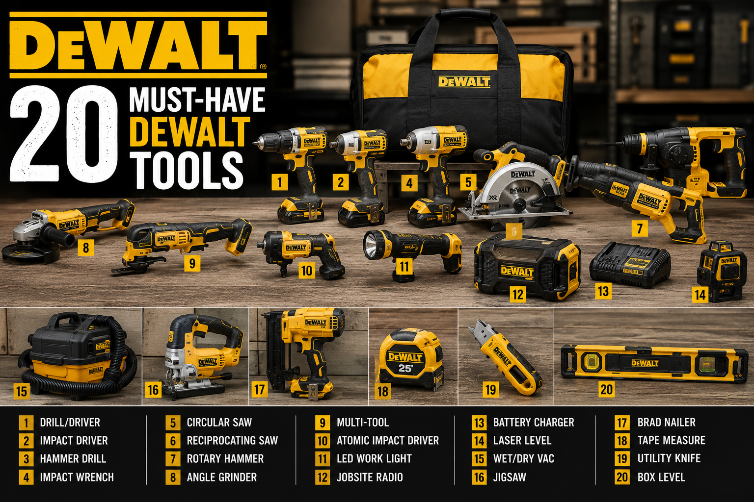 DeWalt plastic pipe cutting tool resting on a workbench alongside other must-have DeWalt tools for DIY projects