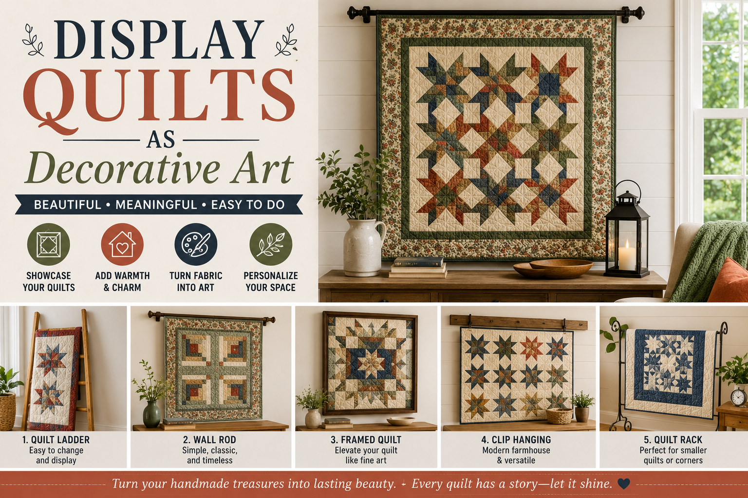 handmade quilt displayed as decorative wall art in a living room using a wooden dowel and fabric loops