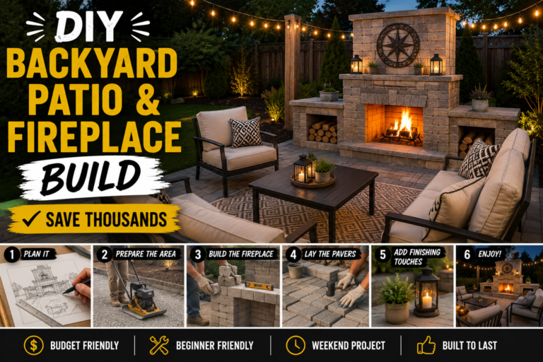 Completed DIY backyard patio fireplace build with paver patio, stone fireplace, and outdoor seating area