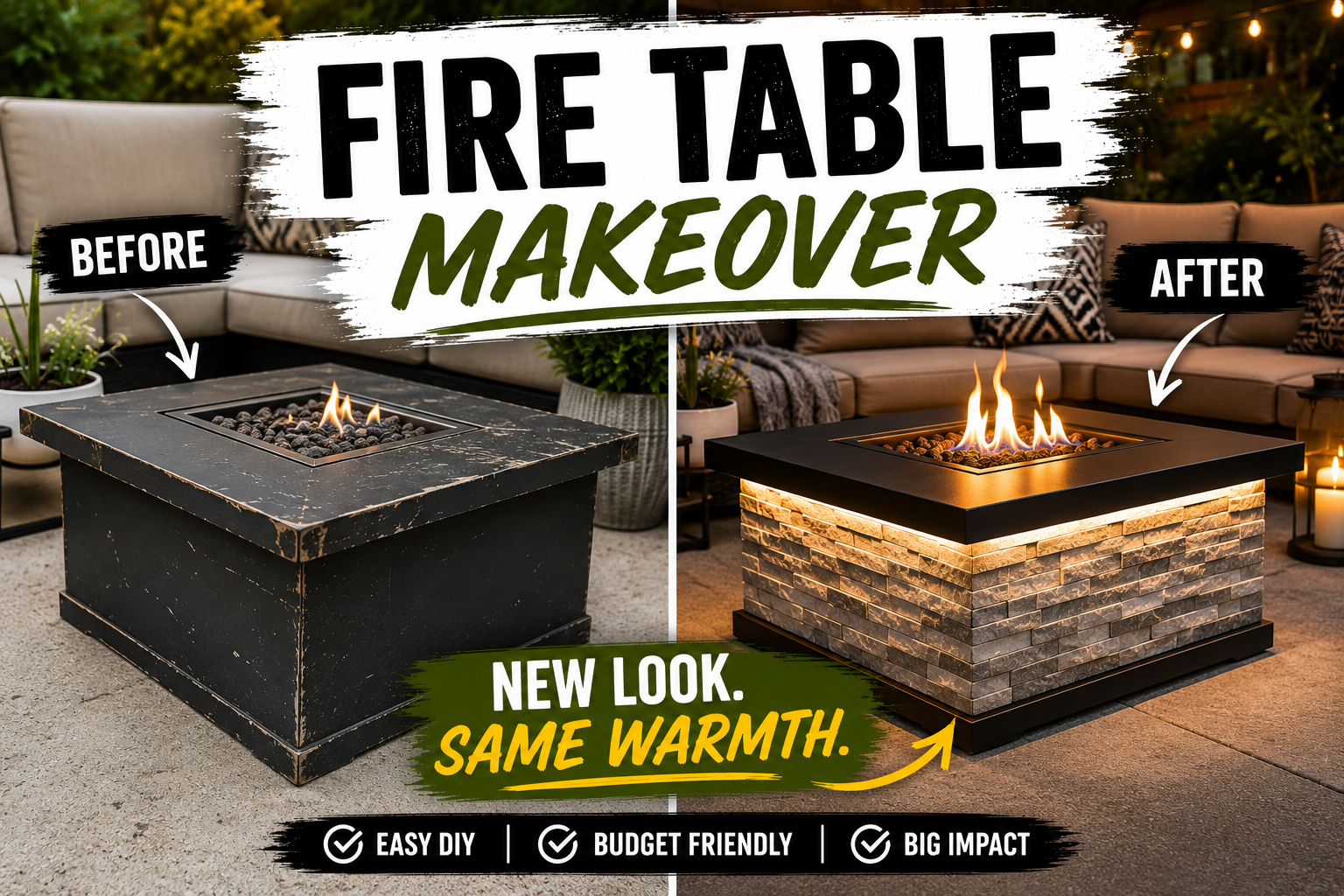 before and after DIY fire table makeover with stacked stone veneer and LED lighting on backyard patio