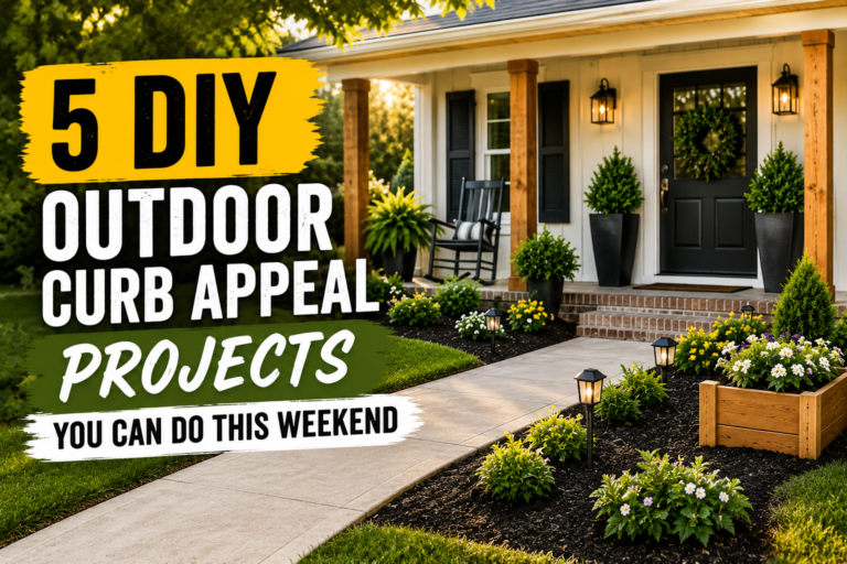 Homeowner working on DIY outdoor curb appeal projects including garden bed edging and fresh mulch in a tidy front yard