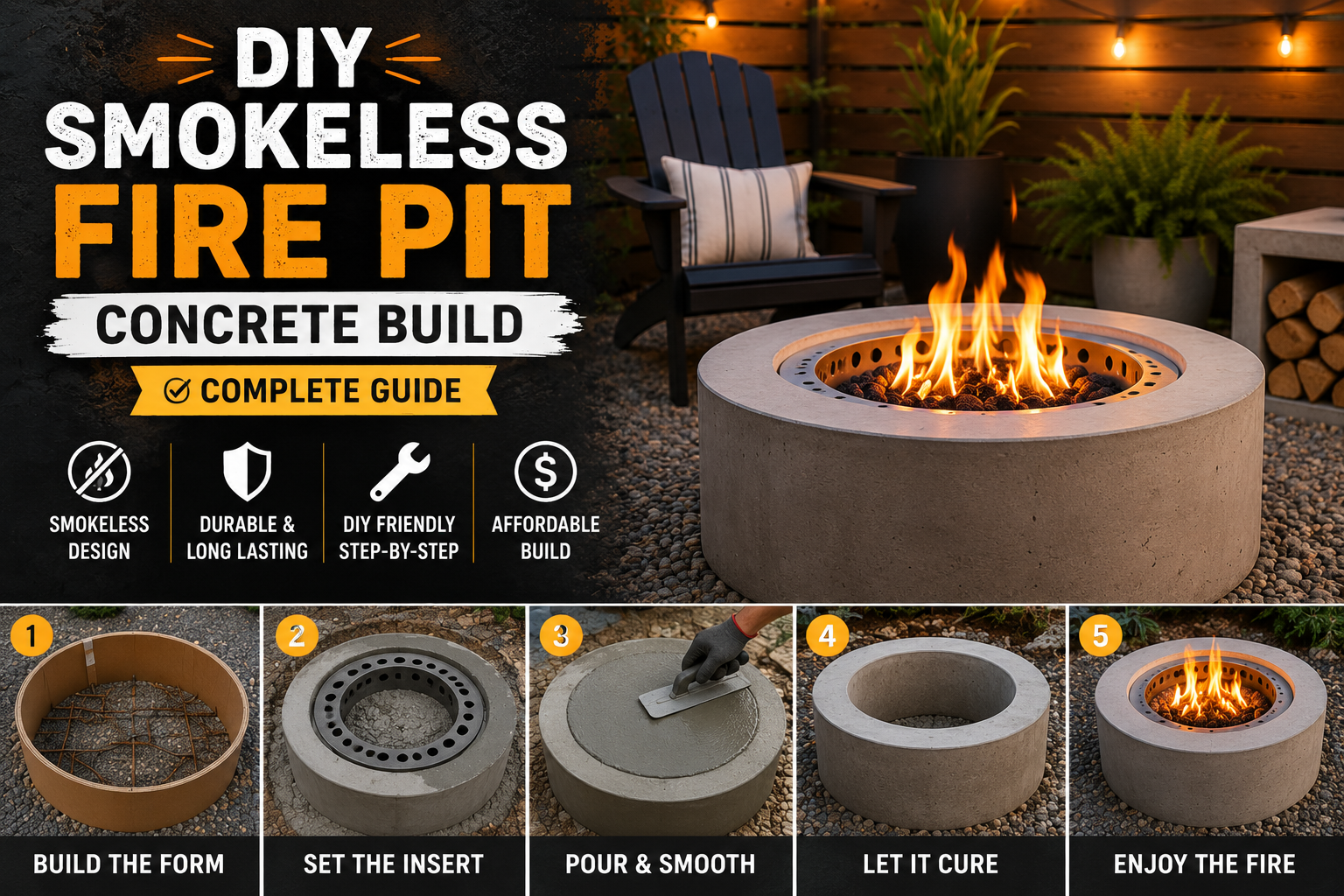 Finished DIY smokeless fire pit concrete build glowing at dusk in a backyard patio setting