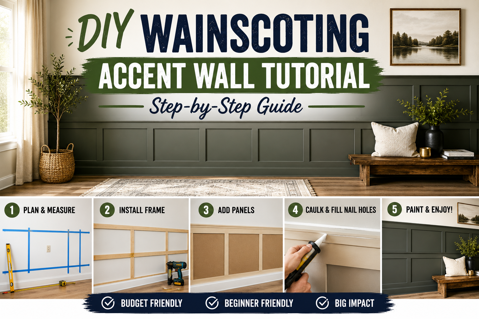 Finished DIY wainscoting accent wall with white MDF board and batten panels and a decorative mirror centered on the wall.