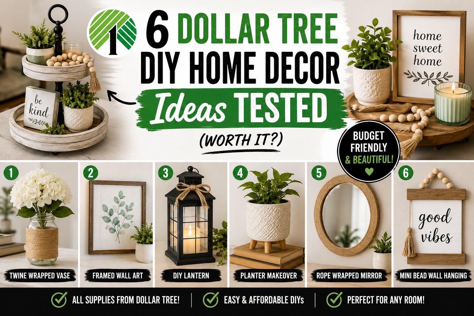 Colorful Dollar Tree DIY home decor ideas including painted terracotta pots and pressed flower mason jar tealight holders on a shelf