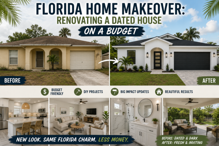 Before and after Florida home makeover showing a dated kitchen renovated on a budget with painted cabinets and new hardware