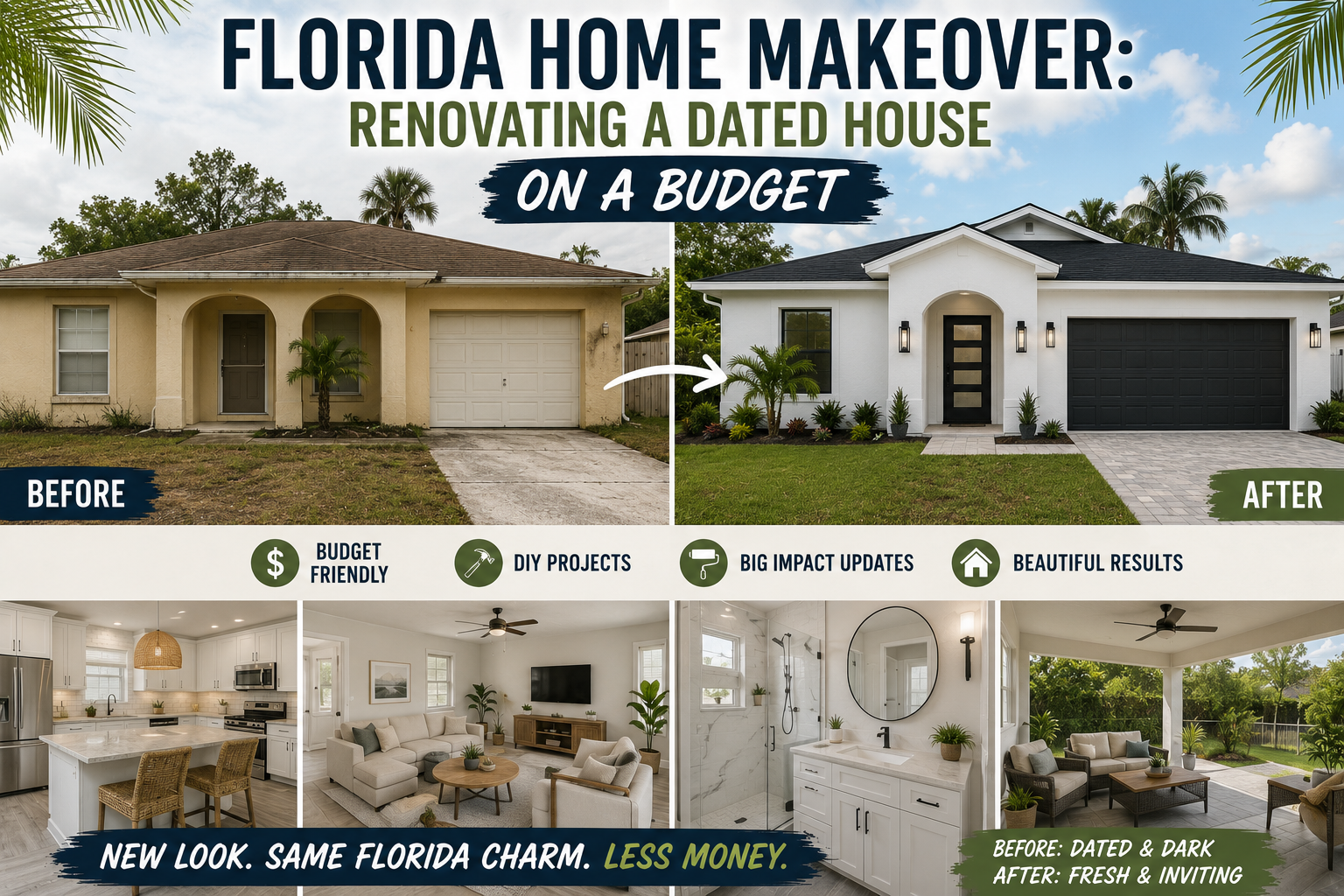 Before and after Florida home makeover showing a dated kitchen renovated on a budget with painted cabinets and new hardware