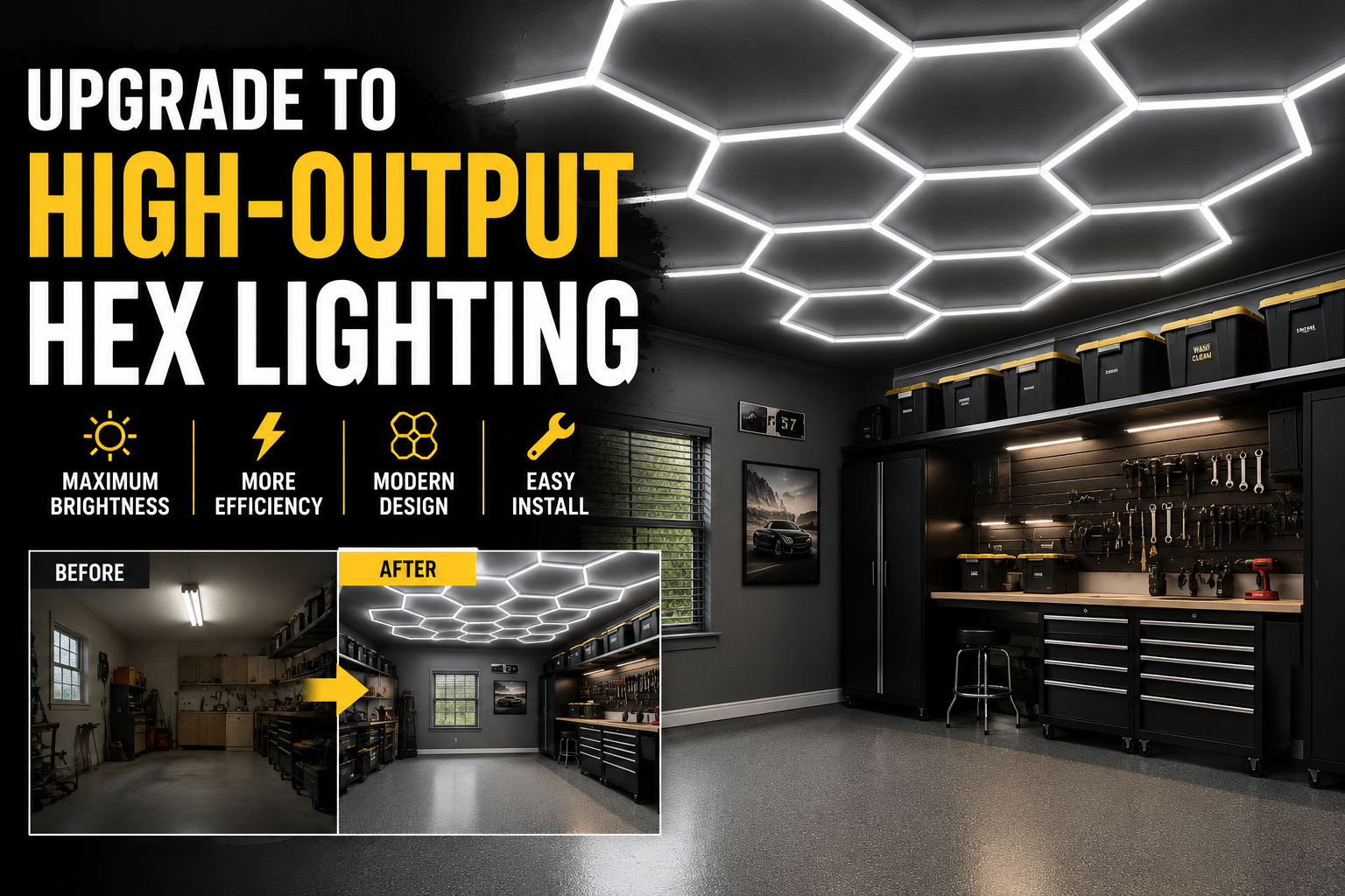 high-output hex LED lighting installed in garage workshop ceiling for bright even illumination during DIY projects