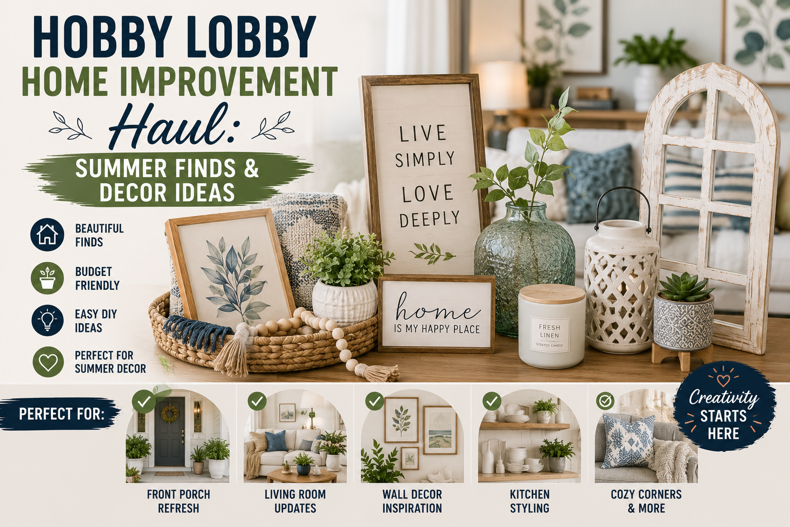 A flat lay of summer home decor items from a Hobby Lobby home improvement haul, including faux florals, a solar bird bath, flickering LED candles, and Americana accent pieces arranged on a wooden patio surface.