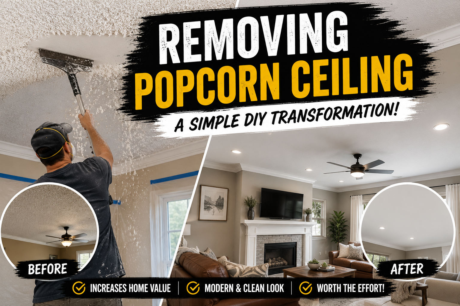homeowner scraping popcorn ceiling texture off with a wide putty knife during DIY removal project