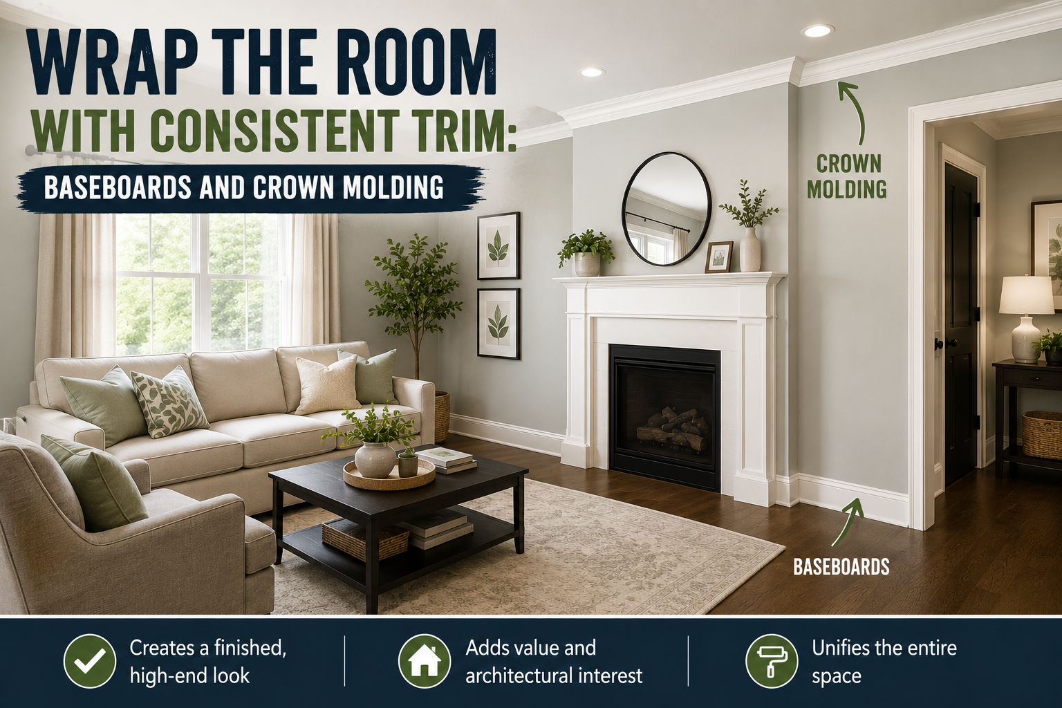 installing baseboards and crown molding trim around a room for a consistent polished finish DIY home improvement