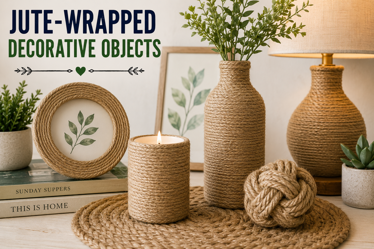 jute-wrapped Dollar Tree candlestick holders styled as decorative objects on a shelf inspired by Pottery Barn
