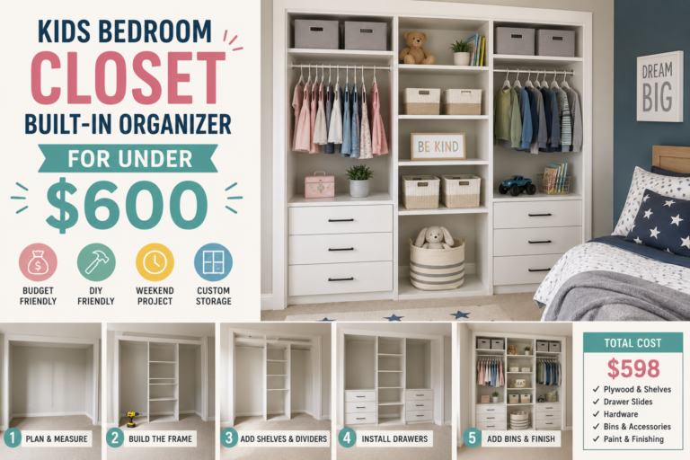 Finished kids bedroom closet built-in organizer with shelving, cubbies, and a built-in desk under $600.