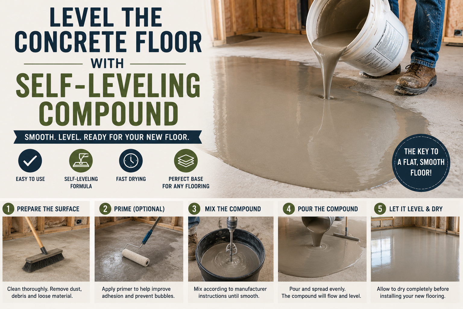 Pouring self-leveling compound onto a concrete floor during a DIY basement finishing and flooring preparation project.