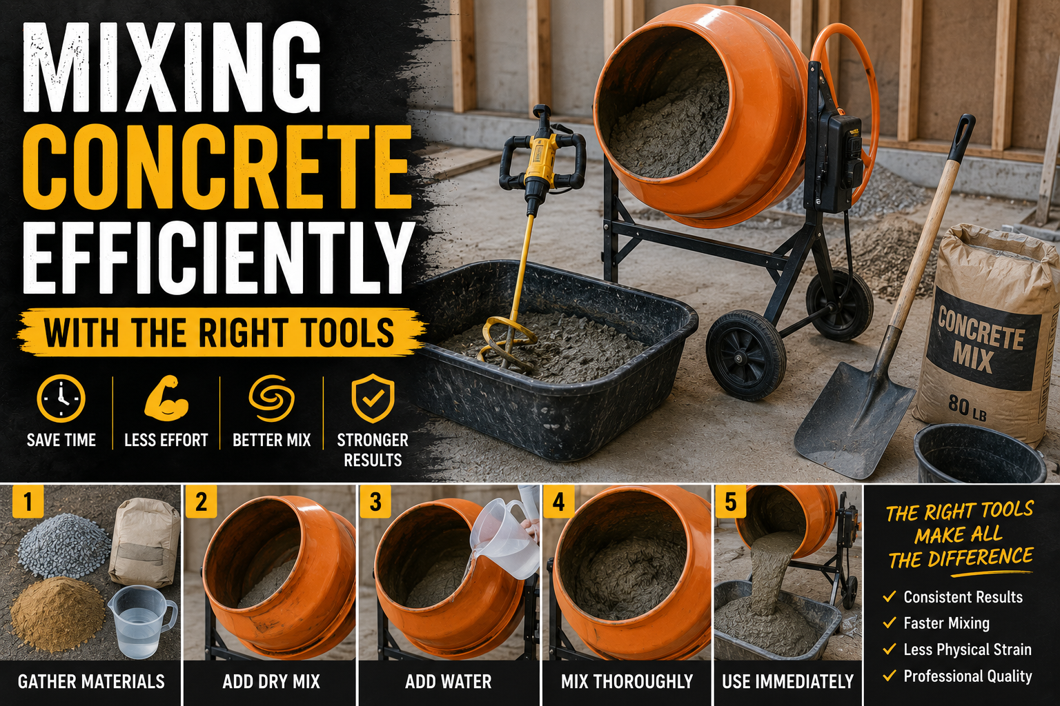 mixing concrete efficiently using a paddle mixer drill attachment in a bucket for a DIY backyard patio project