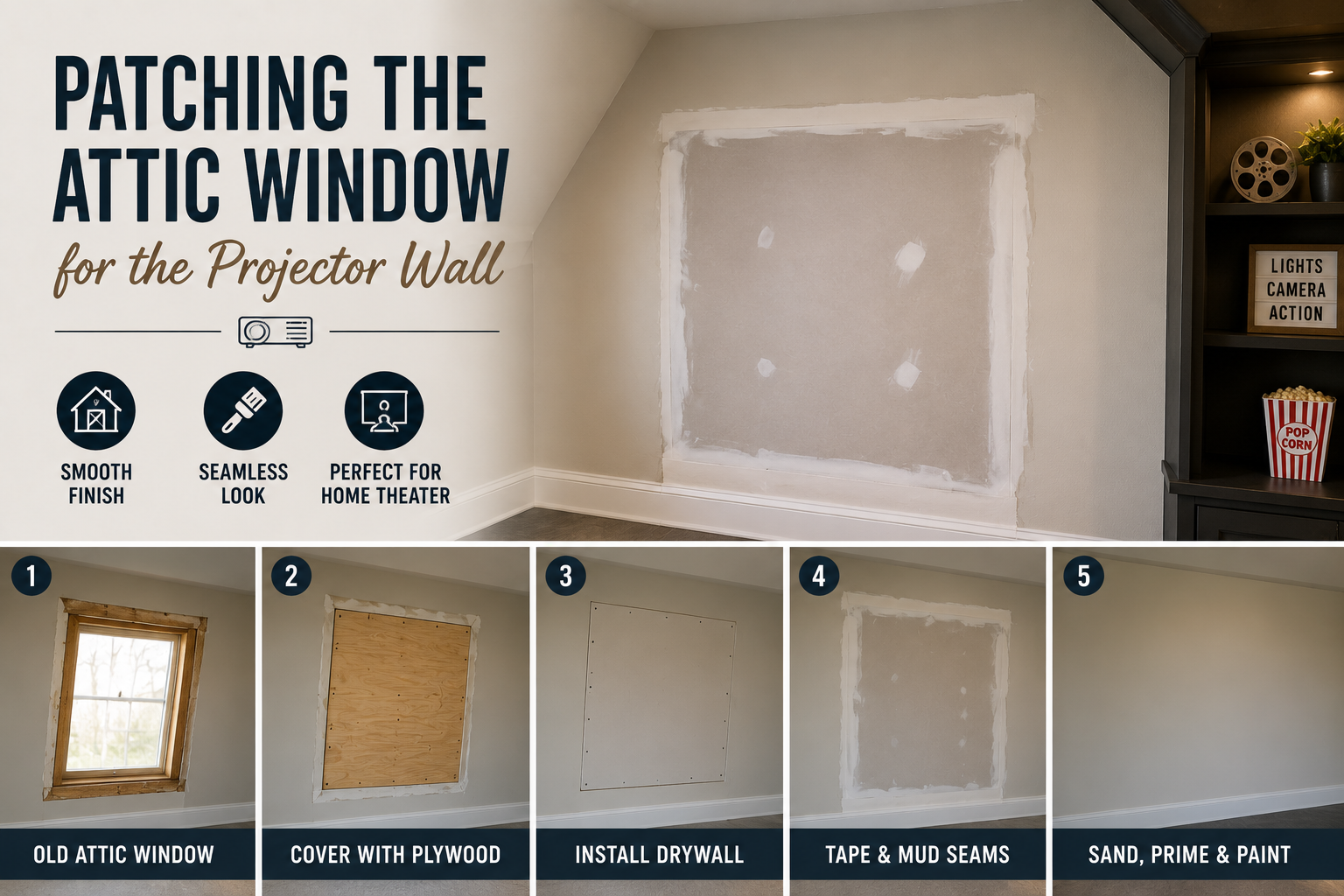 Attic window being patched and drywalled to create a seamless projector wall for a DIY home theater renovation.