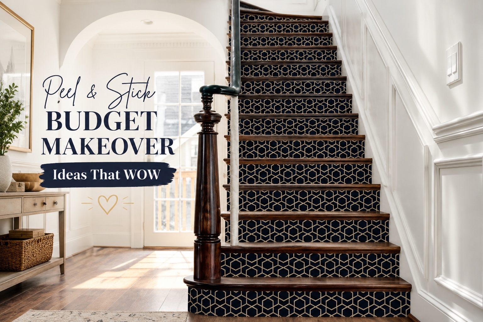 peel and stick stair riser decals black and gold geometric pattern on wooden stairs