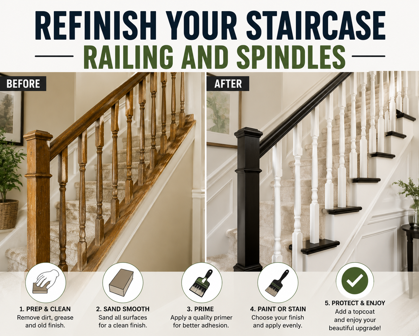 refinishing staircase railing and spindles with fresh stain and paint for a dramatic DIY home improvement transformation