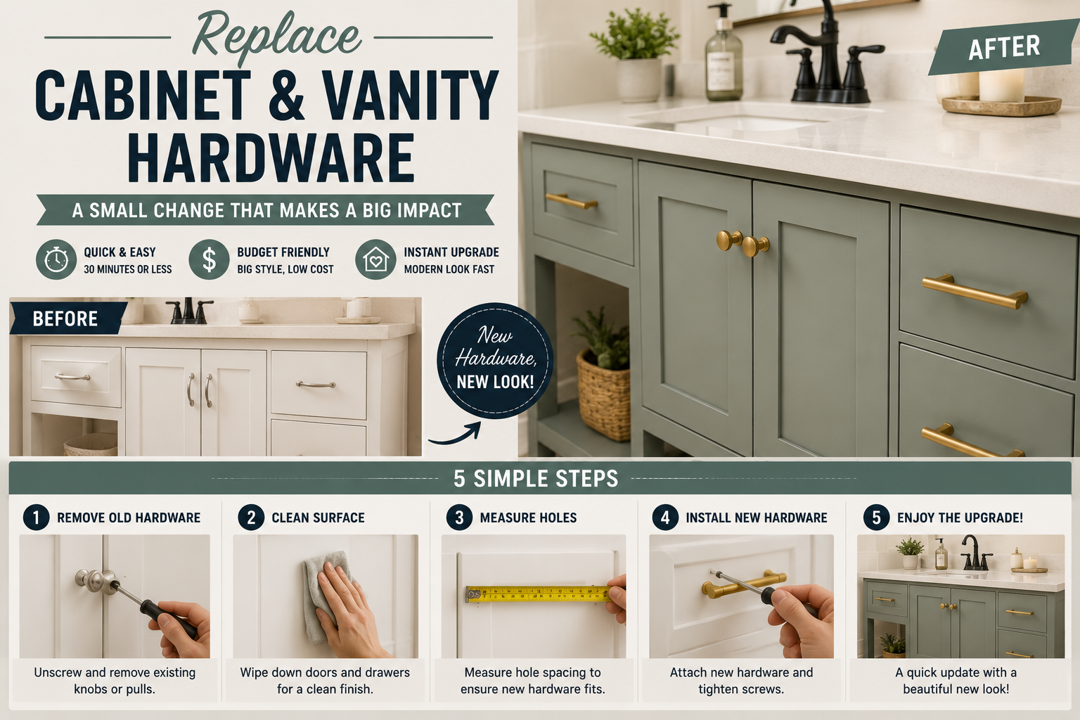 Replacing cabinet and vanity hardware with modern brass pulls and knobs during a DIY home improvement project.