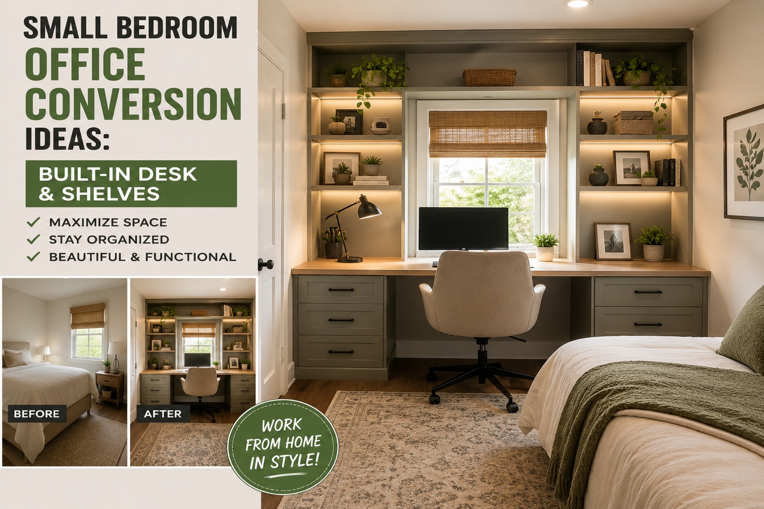 Small bedroom office conversion with custom built-in desk, floor-to-ceiling shelves, and cabinet storage under $1,000.