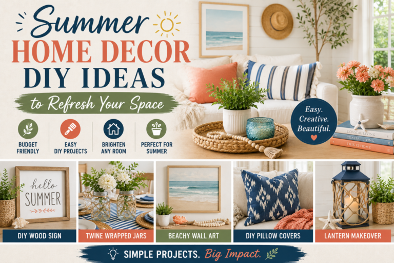Handmade fabric bow garland draped on a shelf as part of easy summer home decor DIY ideas,
