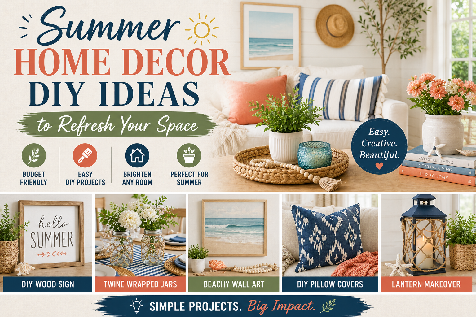 Handmade fabric bow garland draped on a shelf as part of easy summer home decor DIY ideas,