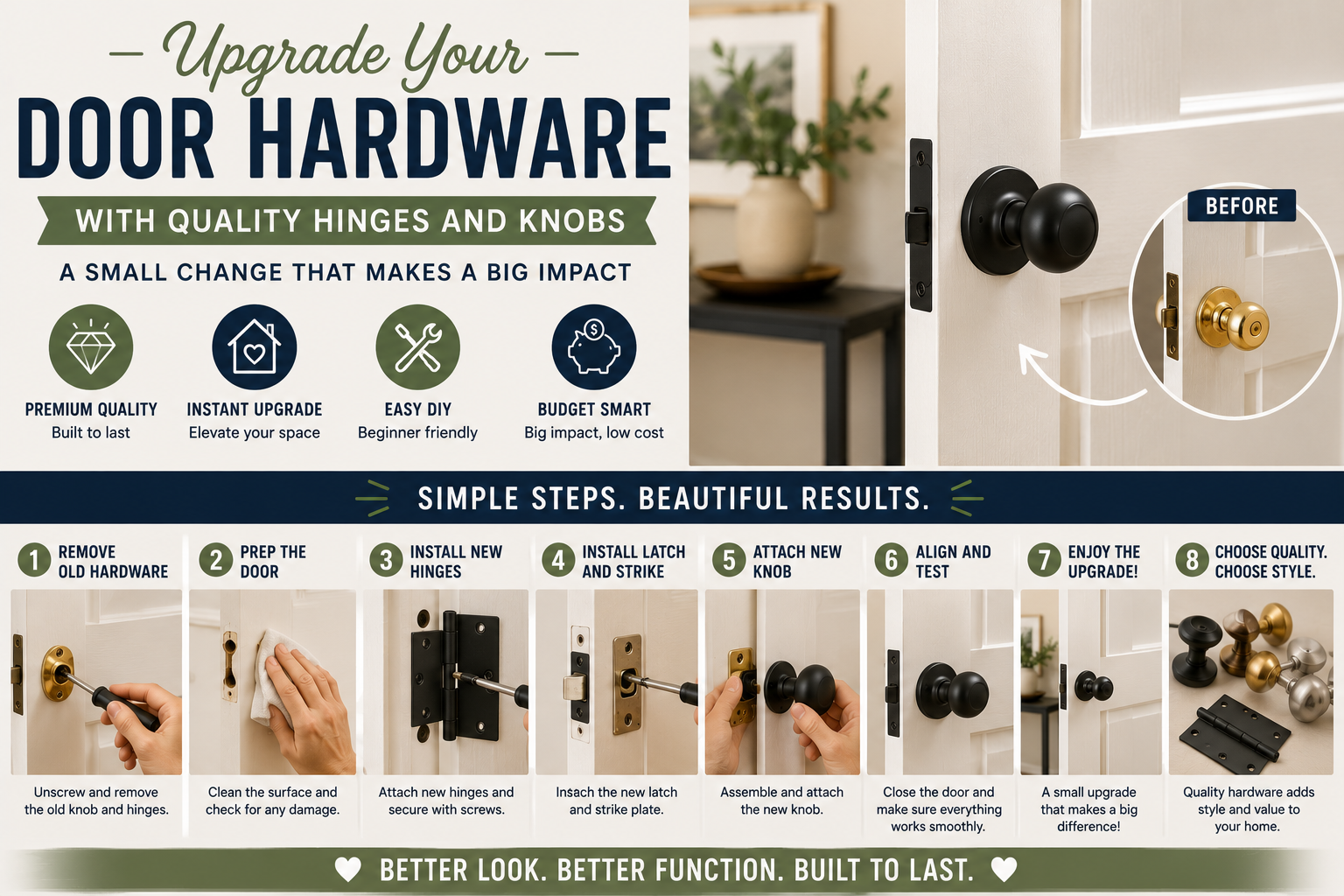Installing new black door hardware, hinges, and knobs during a DIY interior home improvement project.
