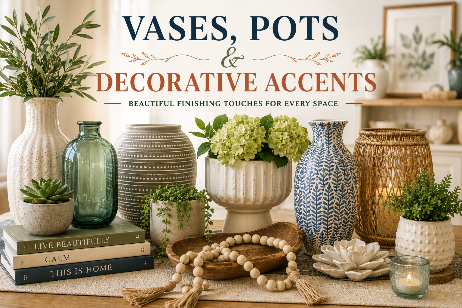 Decorative vases, ceramic pots, greenery, candles, and home accents styled on a modern living room table.