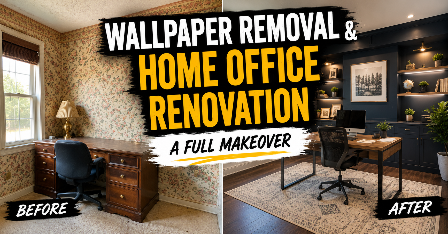 Before and after wallpaper removal home office renovation showing fresh paint, custom built-ins, and luxury vinyl plank floors.