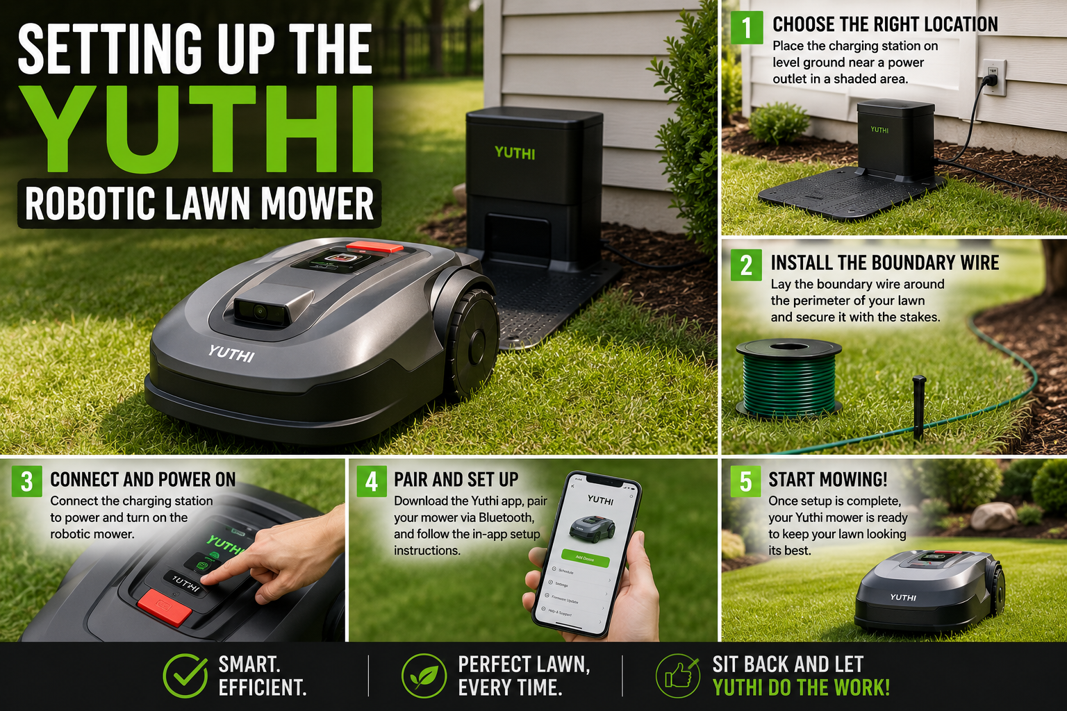 setting up the Yuthi robotic lawn mower in backyard including boundary wire installation and app configuration