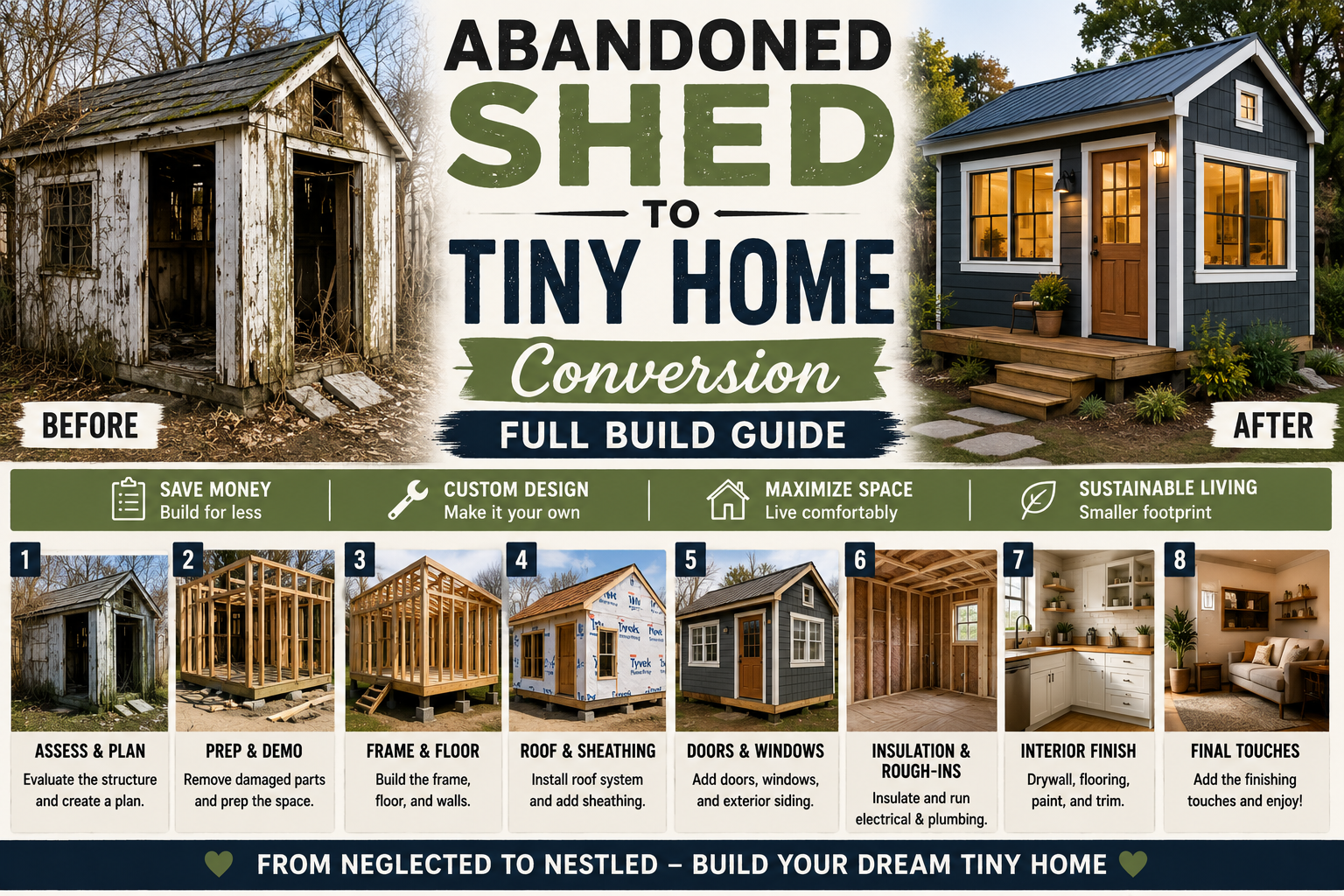 Before and after transformation of an abandoned shed into a modern tiny home during a DIY renovation project.