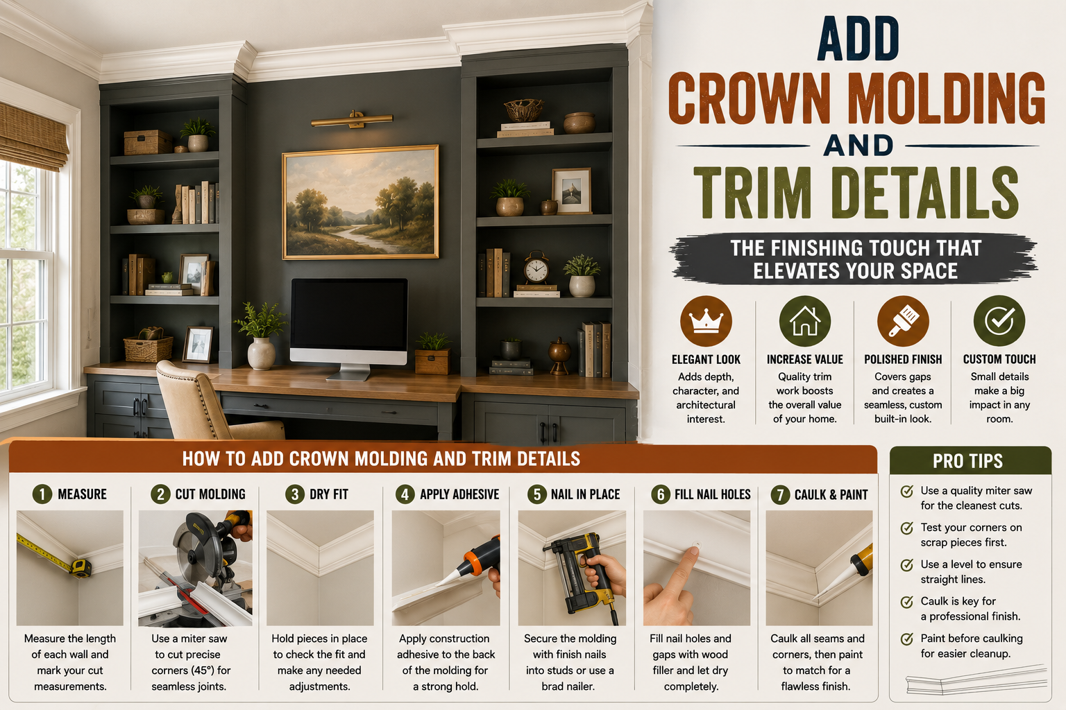 DIY built-in bookshelves with crown molding and decorative trim details installed for a custom home office finish.