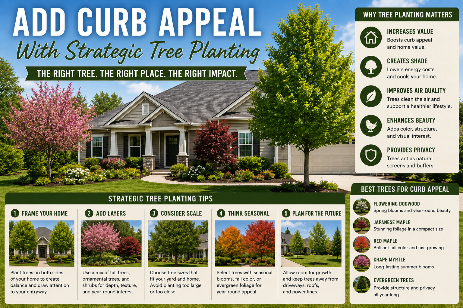 Beautiful home landscape featuring strategically placed ornamental and shade trees that improve curb appeal and increase property value.