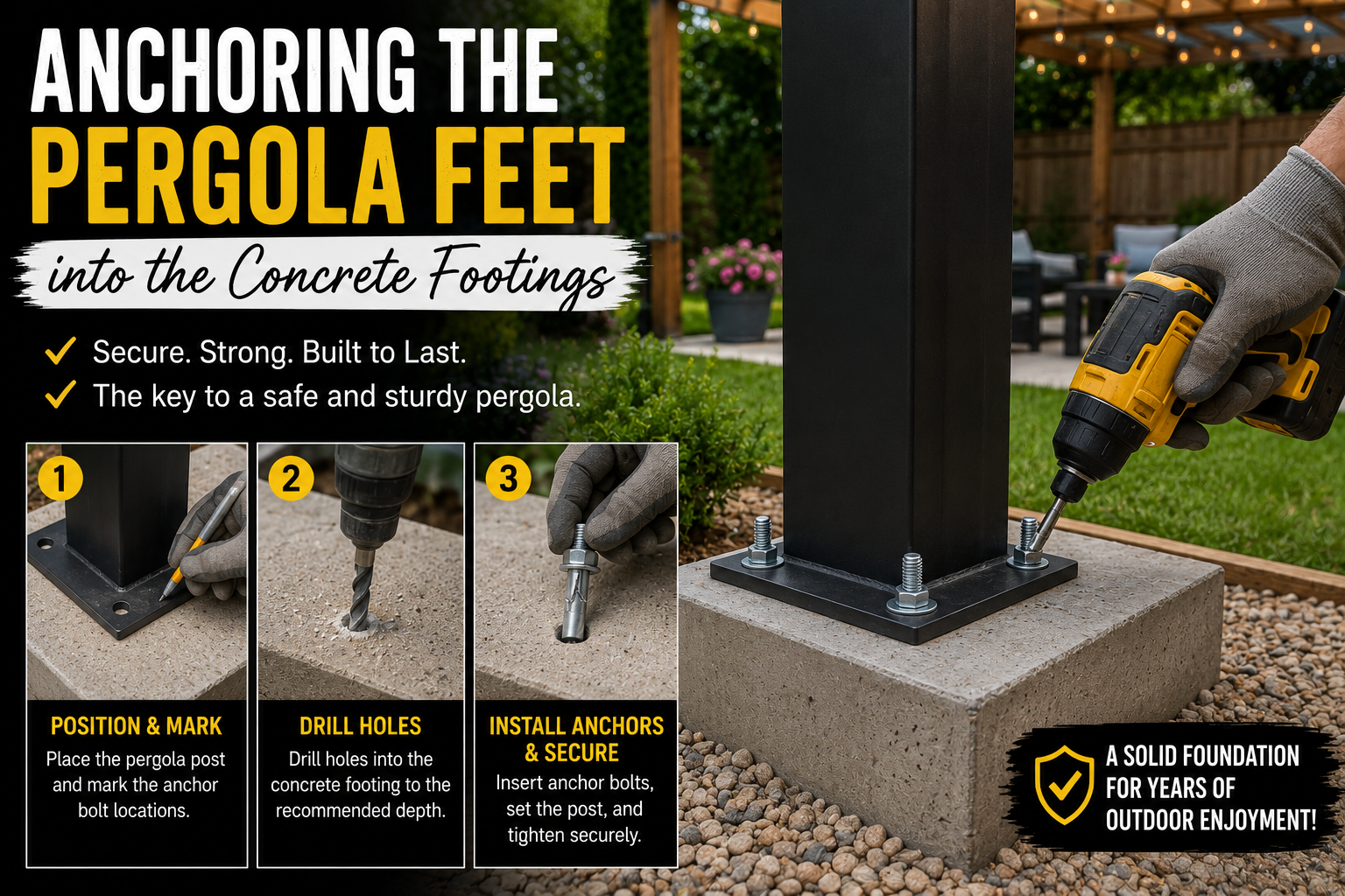 Anchoring pergola posts into concrete footings using anchor bolts during a backyard pergola installation project.