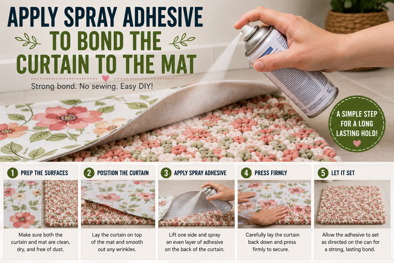 Applying spray adhesive to attach a recycled shower curtain fabric layer to a DIY bath mat during a bathroom craft project.